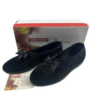 Tender Tootsies Collections Black Velour Ballerina House Slippers Bow Size 6